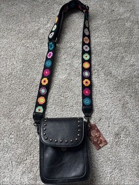 Black Crossbody Bag with Multicolor Embroidered Strap